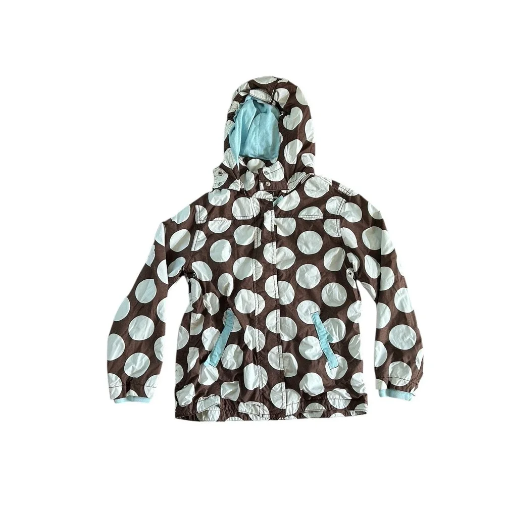 Mini Boden‎ Girl's Polka Dot Jacket Brown & White Hooded Sz 11-12 Full Zip